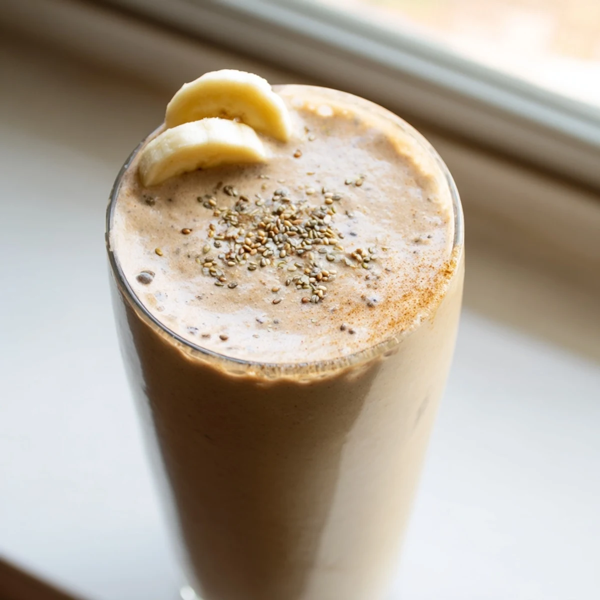 Creamy banana protein coffee smoothie topped with chia seeds in a tall glass