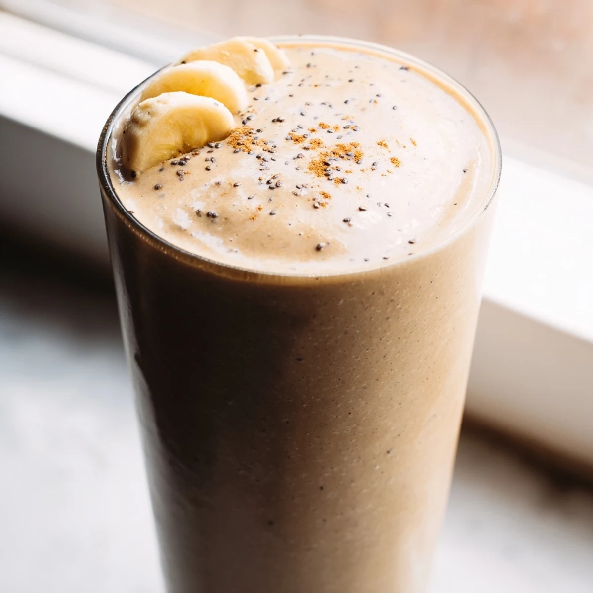 Thick frothy banana protein coffee smoothie poured over ice for a morning energy boost