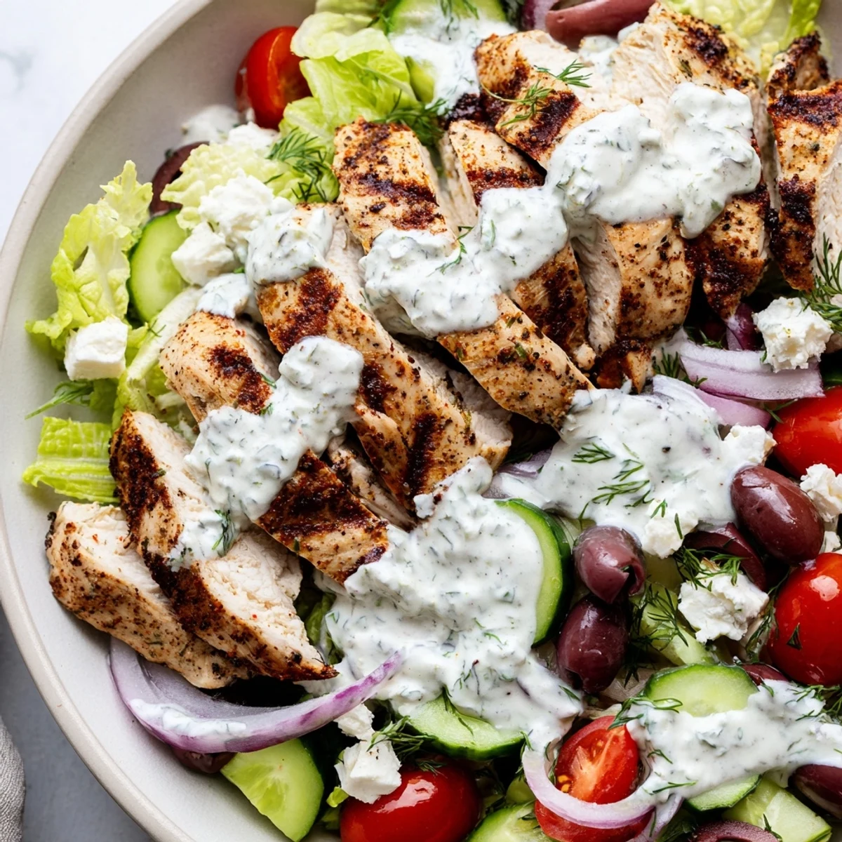 Juicy grilled Greek chicken salad drizzled with velvety whipped feta dressing on rustic stoneware