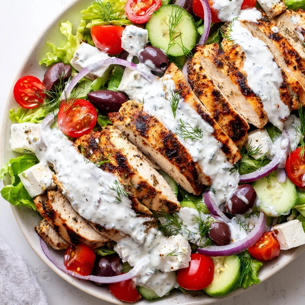 Crisp romaine topped with sliced chicken, bright vegetables, and creamy whipped feta dressing