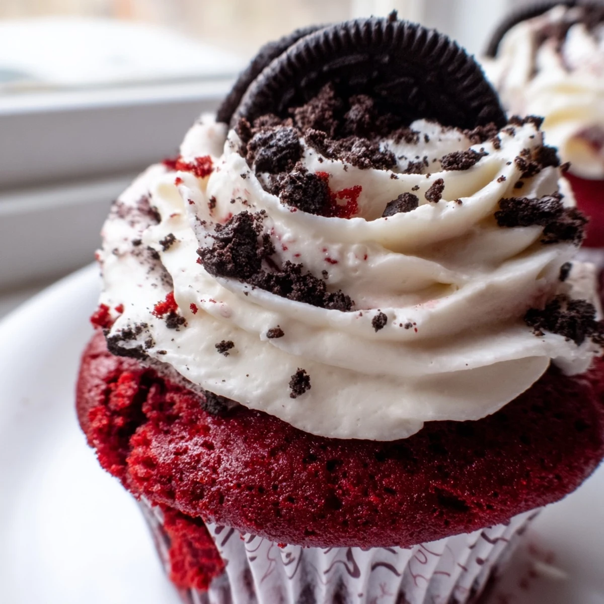 Red Velvet Oreo Cupcakes topped with creamy frosting and cookie garnish on a rustic plate