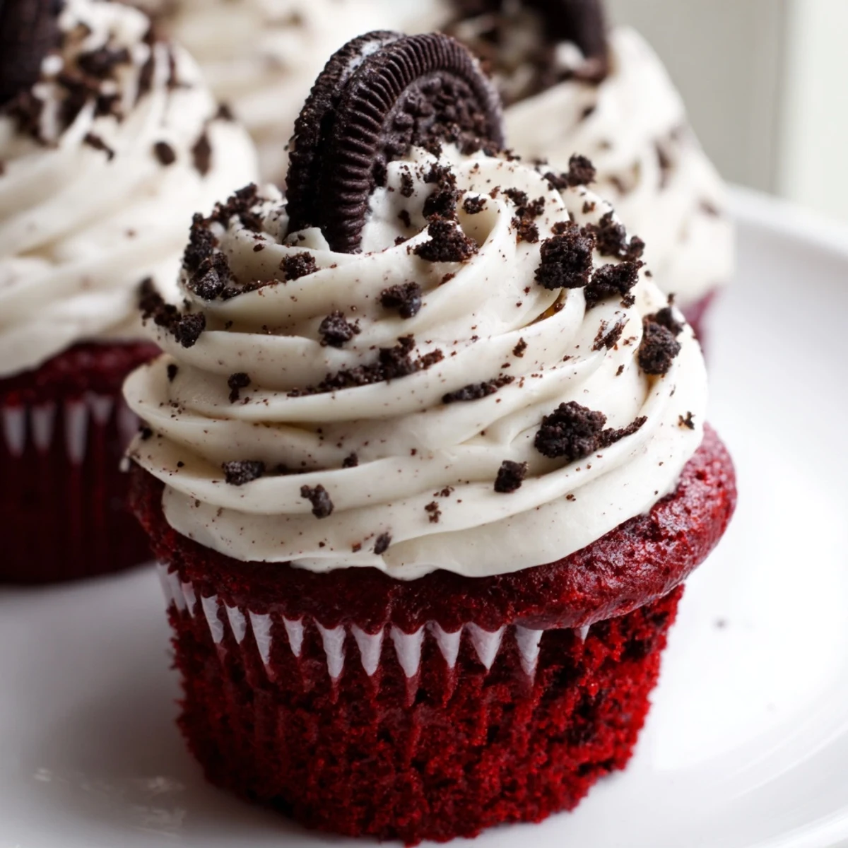 Freshly baked Red Velvet Oreo Cupcakes with swirled cookies and cream frosting close up