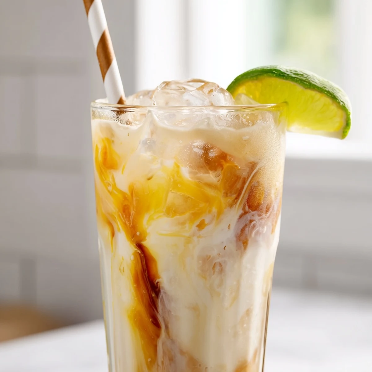 Creamy Tropical Thunder Dirty Soda swirled with mango and coconut over ice