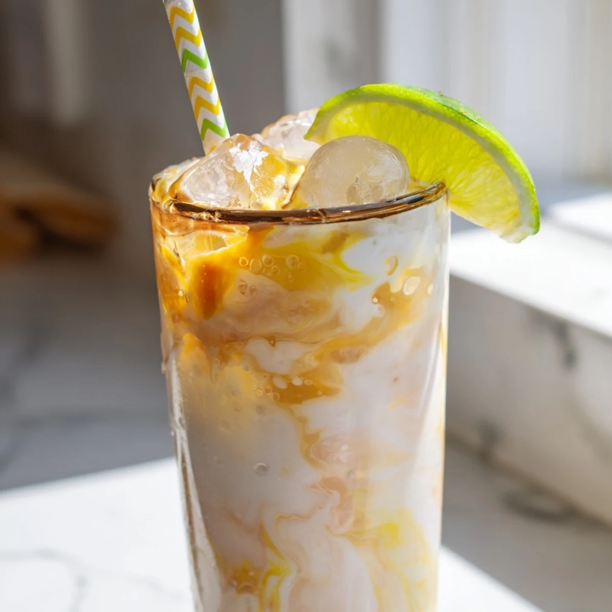 Tropical Thunder Dirty Soda in a tall glass garnished with fresh pineapple wedges