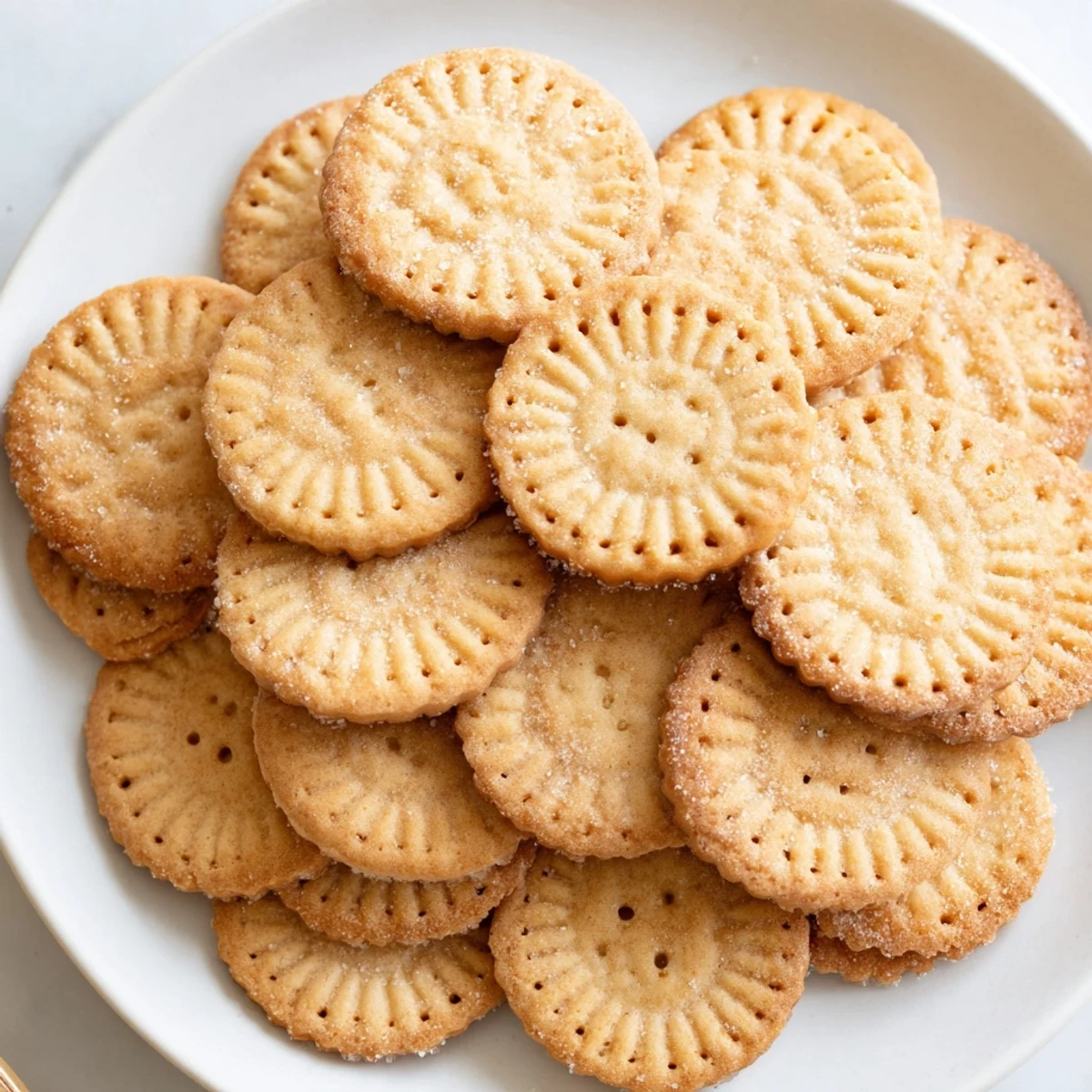 Golden Petit Beurre cookies arranged on a rustic wooden board beside steaming tea