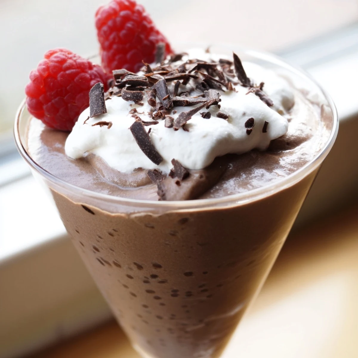 Velvety chocolate mousse served in elegant glasses topped with whipped cream rosettes