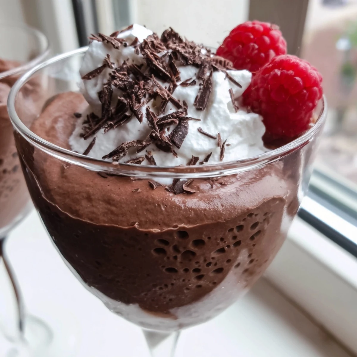 Spoonful of airy chocolate mousse showing the rich creamy texture inside a glass