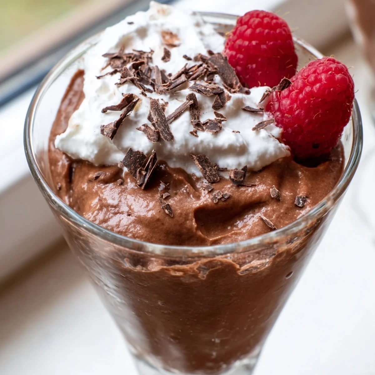 Dark chocolate mousse with glossy curls and fresh raspberries in crystal dessert cups