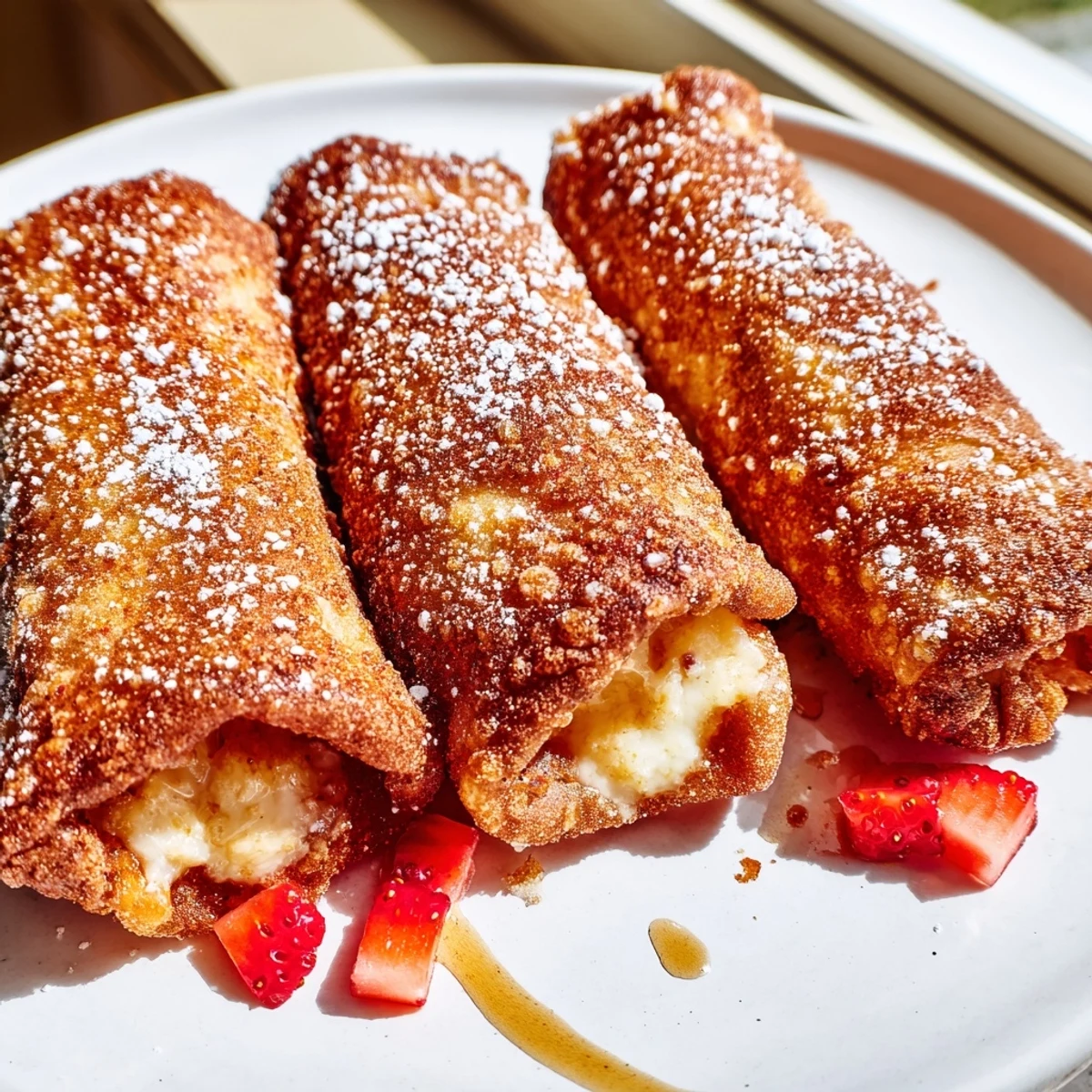 Creamy cheesecake egg rolls dessert served warm with fresh berries and chocolate drizzle