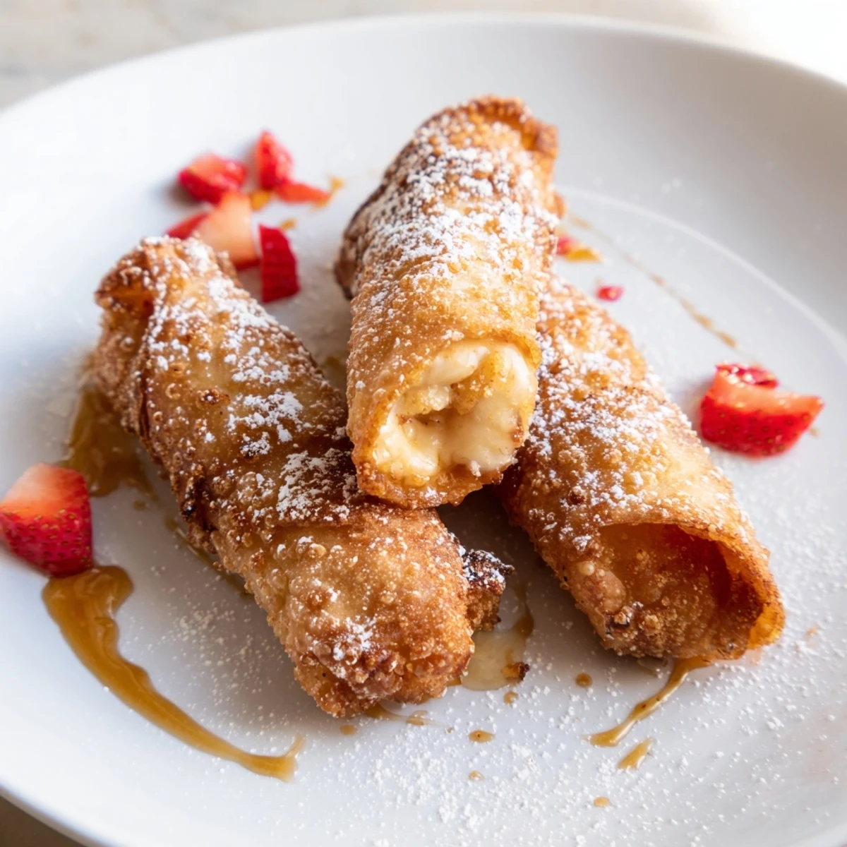 Golden crispy cheesecake egg rolls dessert dusted with powdered sugar on a rustic plate