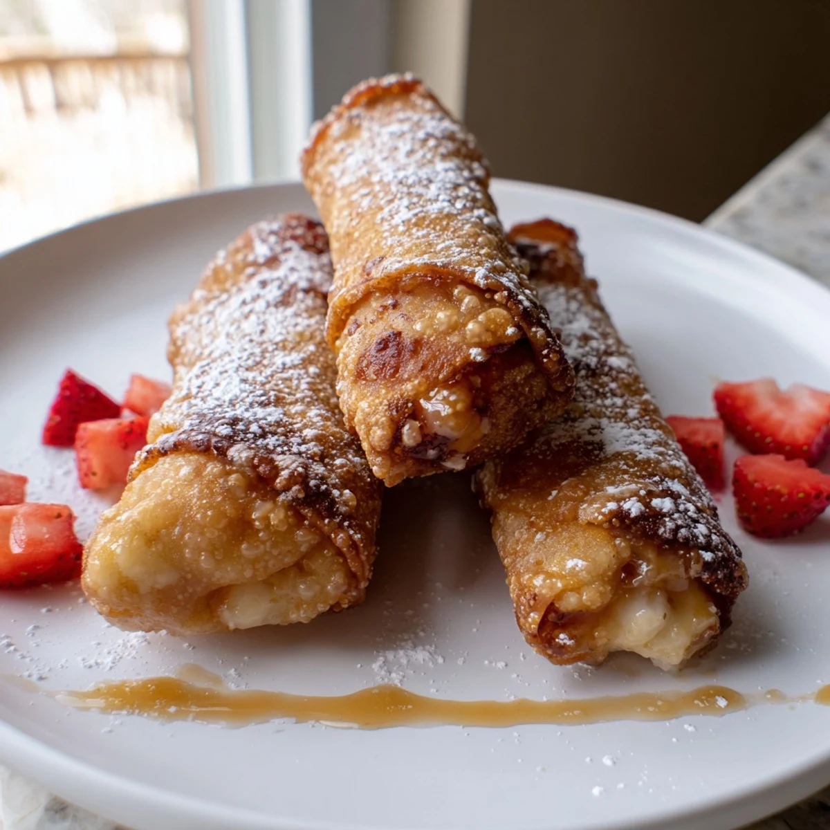 Crunchy deep-fried cheesecake egg rolls dessert arranged on parchment with strawberry compote nearby