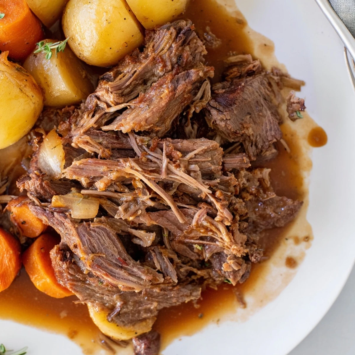 Fall-apart perfect pot roast served alongside creamy potatoes and glazed carrots in savory pan juices
