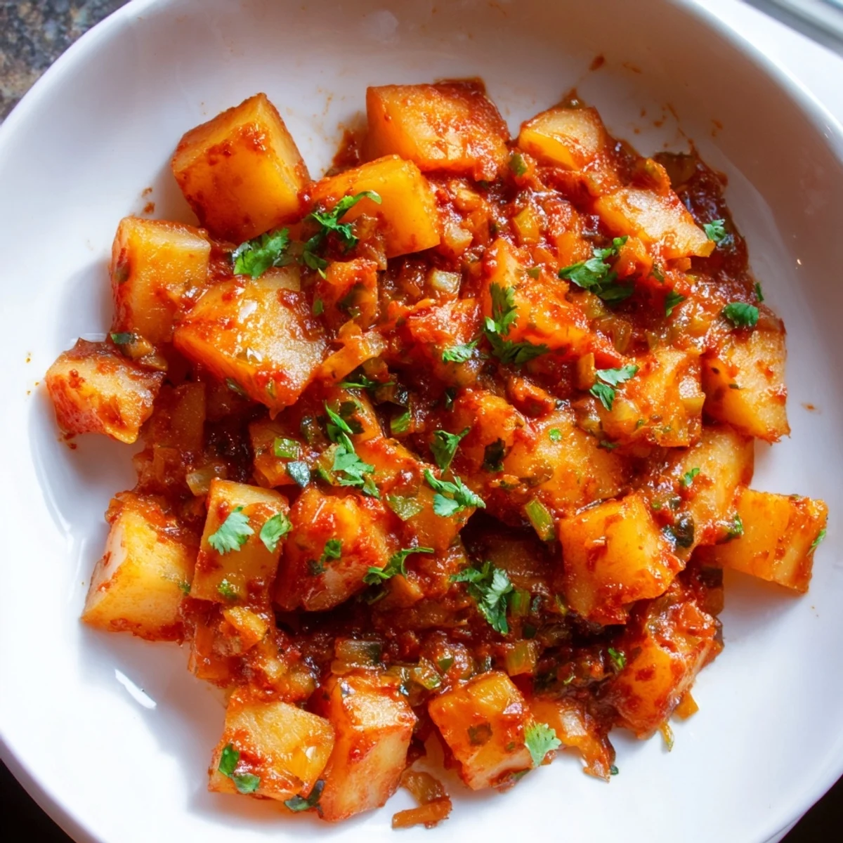 Golden papas con chile simmered in a rich, mildly spicy red tomato chile sauce
