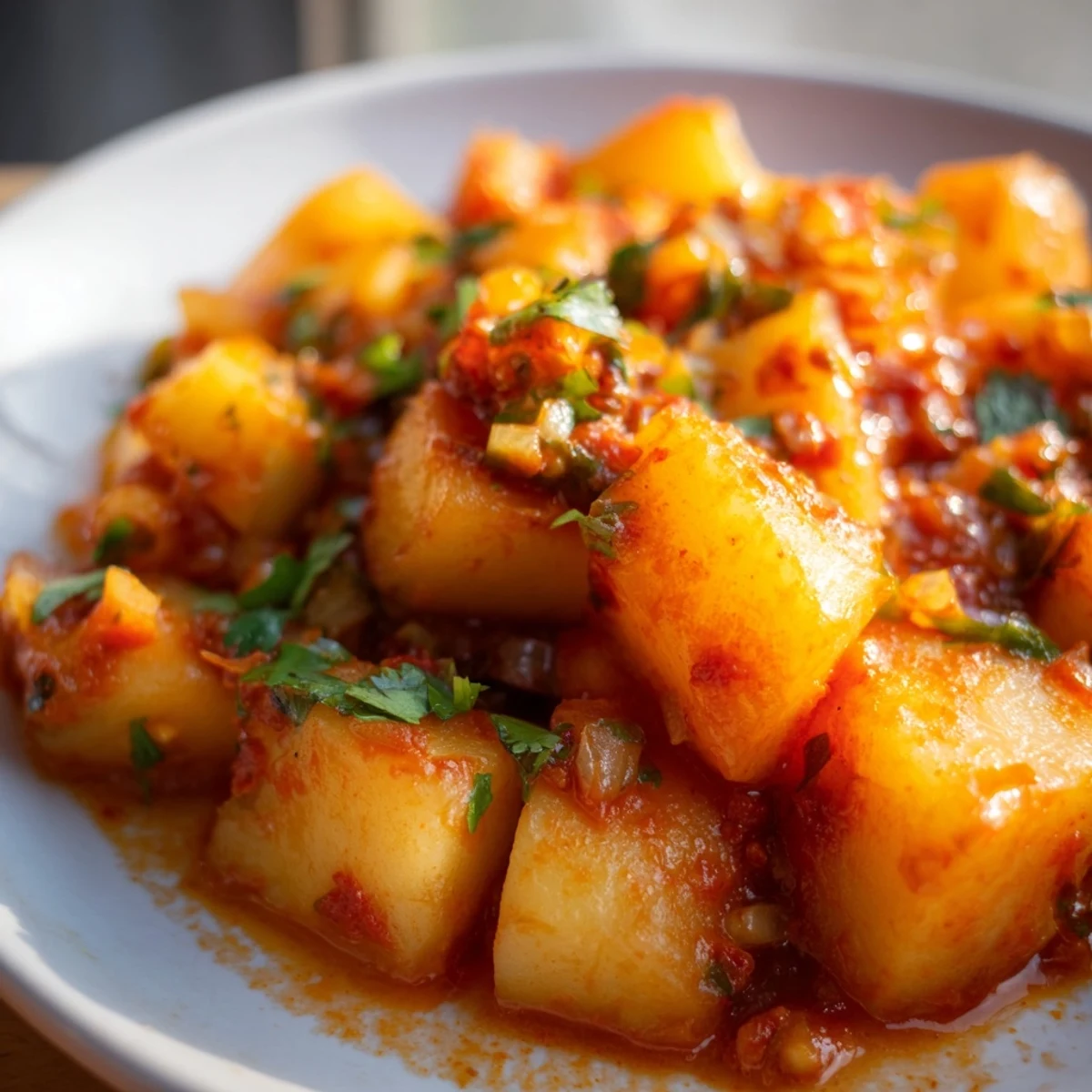 Tender potato cubes coated in a vibrant chile sauce in this papas con chile