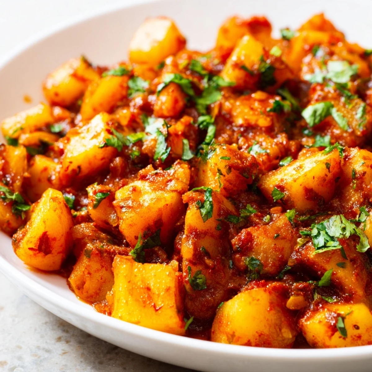 Steaming papas con chile garnished with fresh cilantro served alongside warm flour tortillas