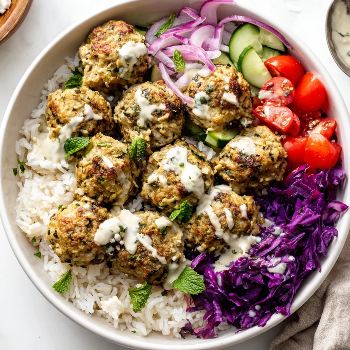 Golden zaatar turkey meatballs nestled over fluffy rice with crisp vegetables and creamy tahini