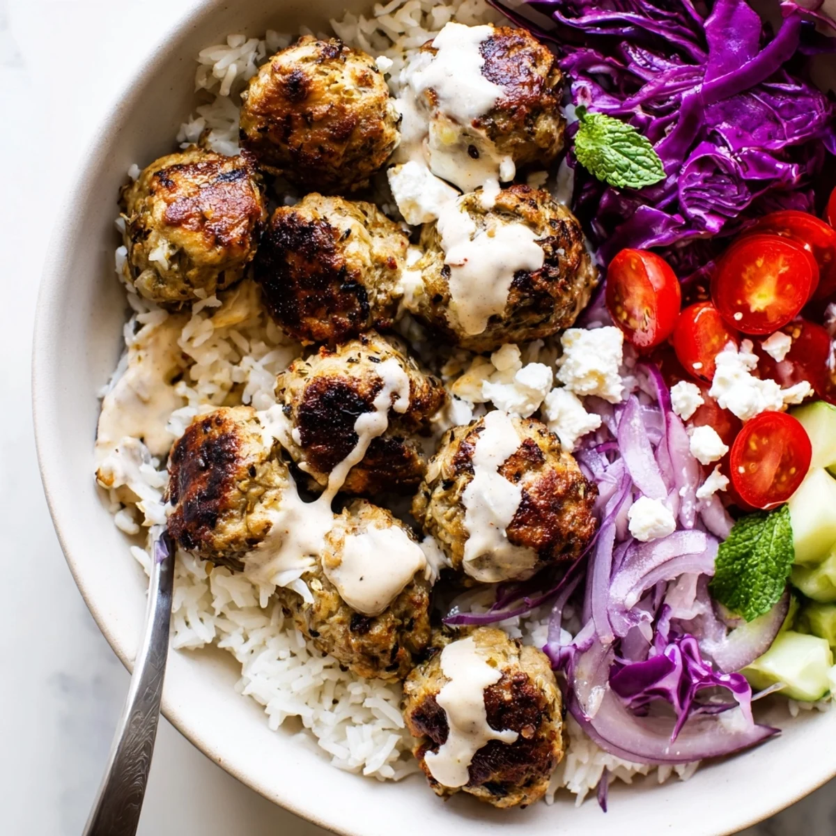 Mediterranean zaatar turkey meatball bowls drizzled with smooth tahini and bright lemon wedges