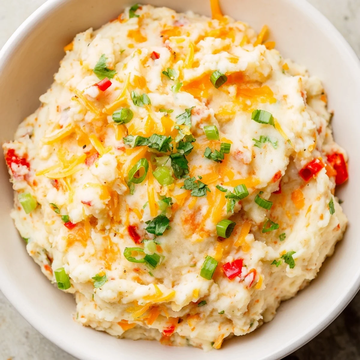 Creamy Tex Mex mashed potatoes topped with melted cheddar and fresh cilantro