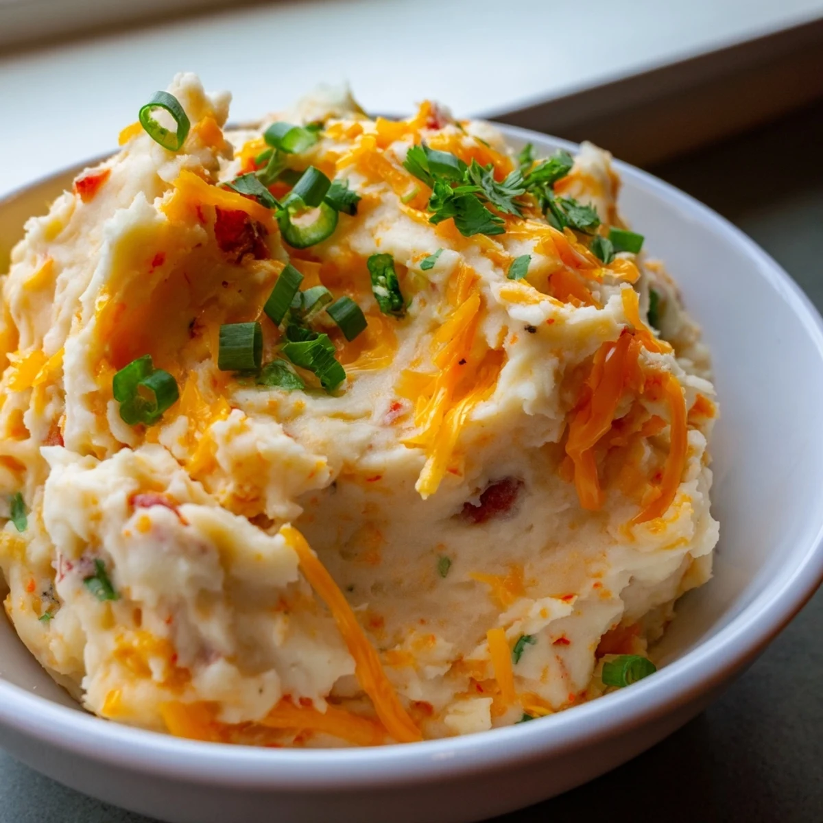 Steaming bowl of Tex Mex mashed potatoes with colorful diced peppers throughout