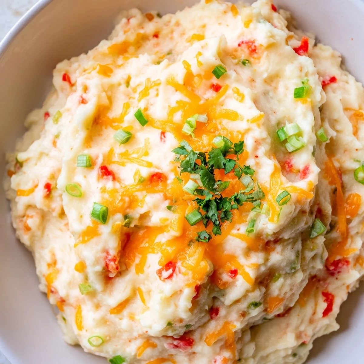 Golden Tex Mex mashed potatoes garnished with green onions in a rustic dish