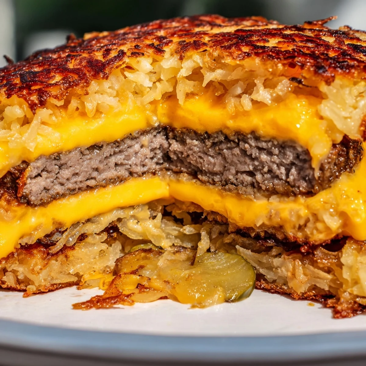 Crispy hash brown smash burgers with golden potato patties and melted cheddar on toasted buns
