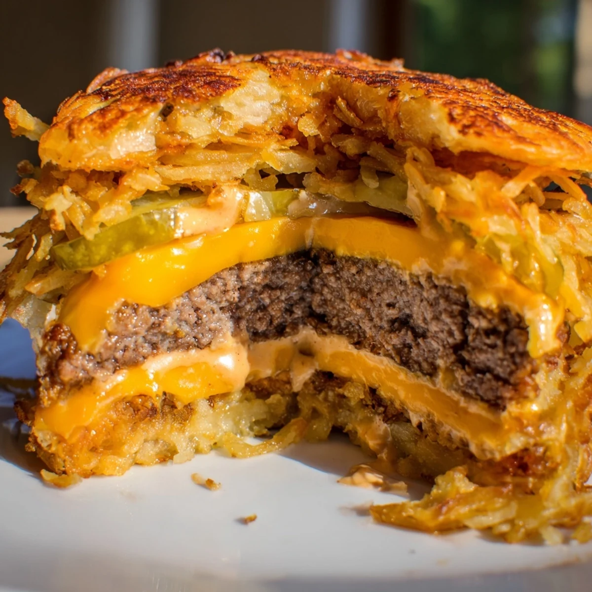 Juicy crispy hash brown smash burgers stacked with pickles lettuce and bubbling cheese