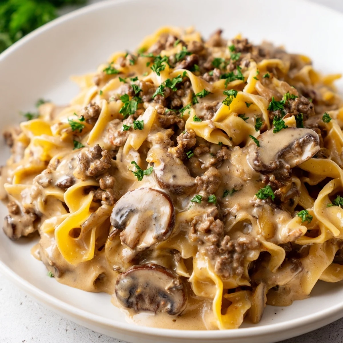 Steaming bowl of Hearty Hamburger Stroganoff topped with fresh parsley garnish