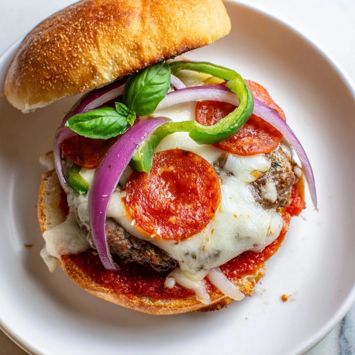 Juicy pizza burgers topped with melted mozzarella, pepperoni, and colorful bell peppers on toasted buns