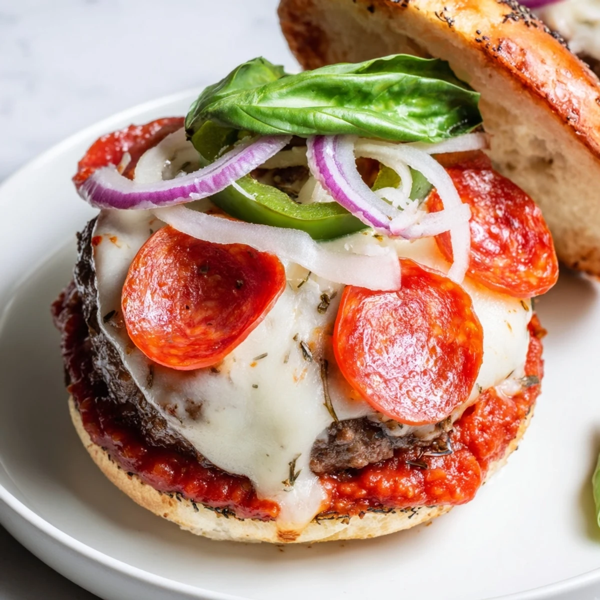 Broiled pizza burgers with bubbling mozzarella and zesty sauce on a checkered serving plate
