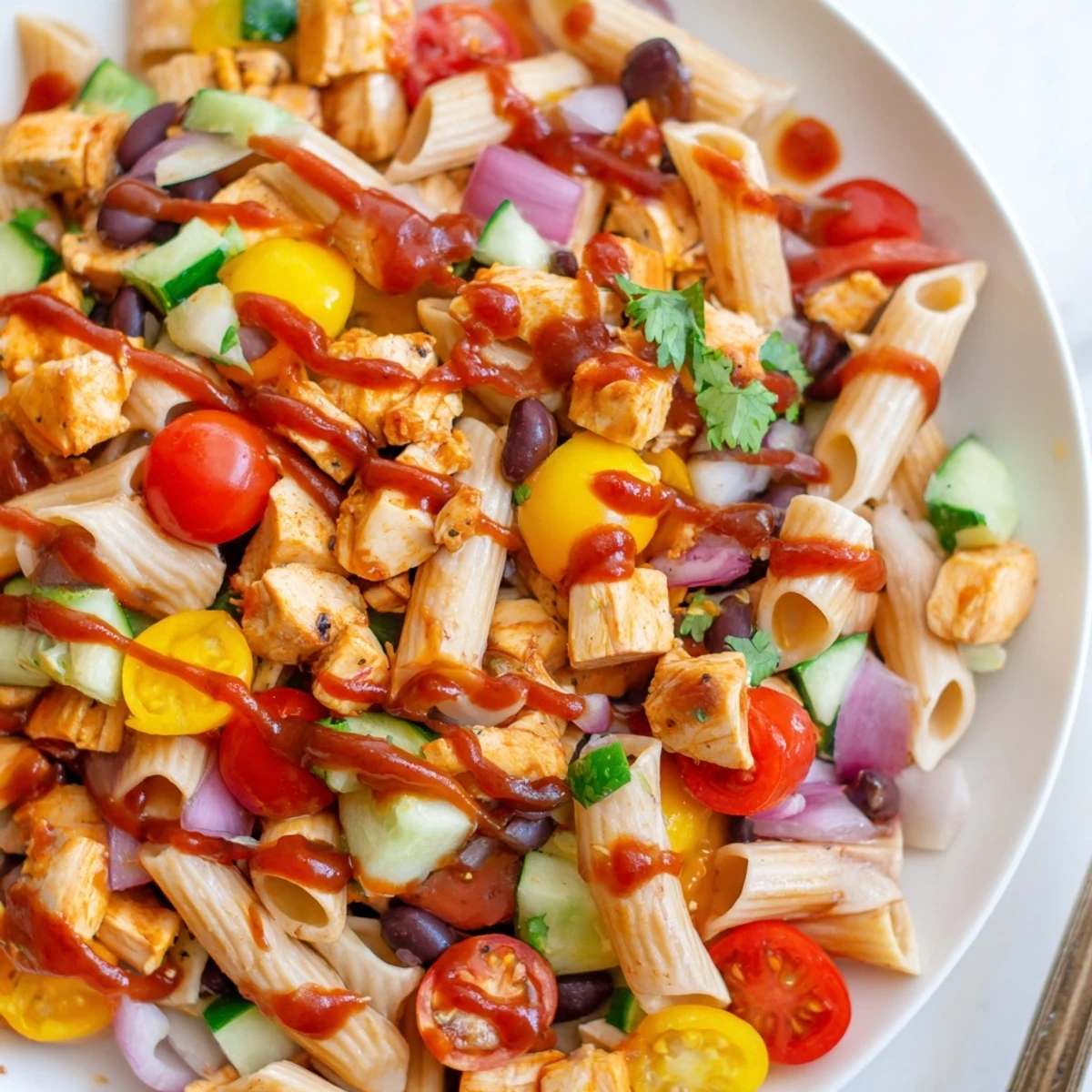Colorful BBQ chicken pasta salad in a large bowl with cherry tomatoes and fresh cilantro