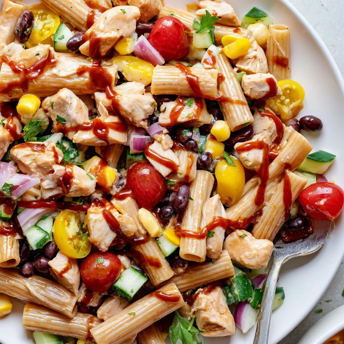 Smoky BBQ chicken pasta salad loaded with crunchy veggies and creamy yogurt dressing