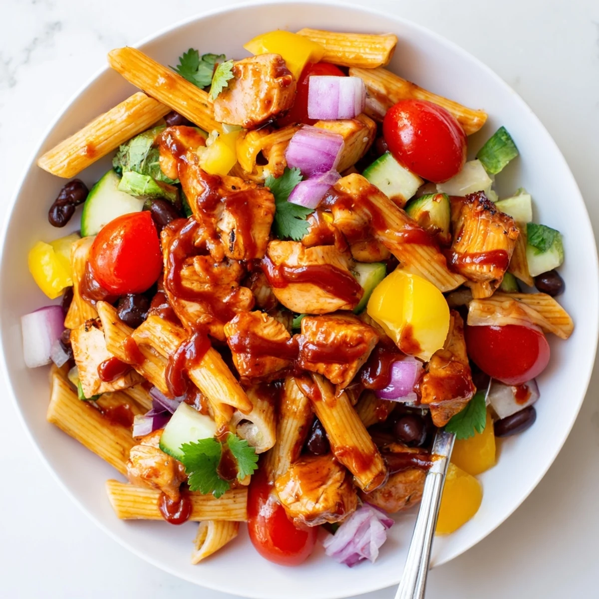 Zesty high protein BBQ chicken pasta salad drizzled with tangy sauce in a serving bowl