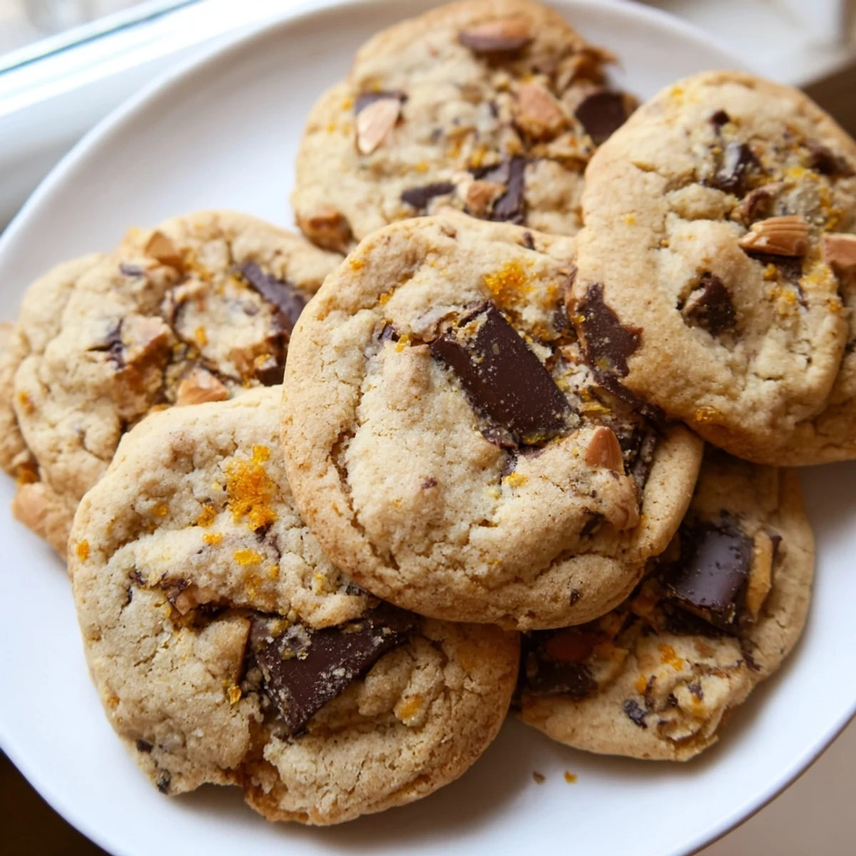 Gooey orange almond chocolate chunk cookies with melting dark chocolate on a rustic baking sheet