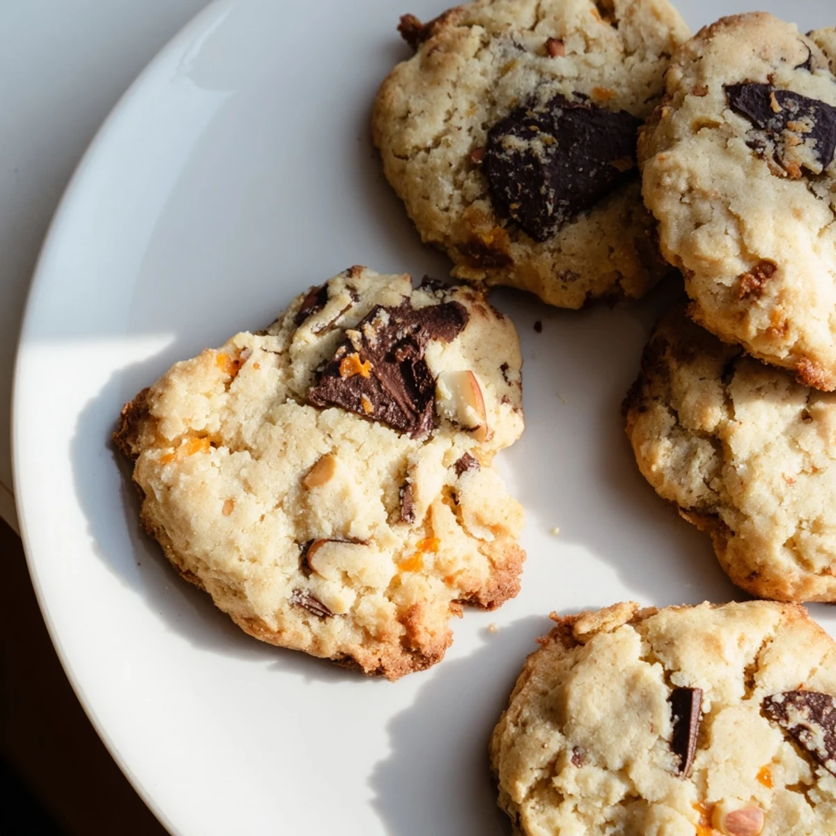 Golden orange almond chocolate chunk cookies studded with crunchy nuts and zesty citrus flecks