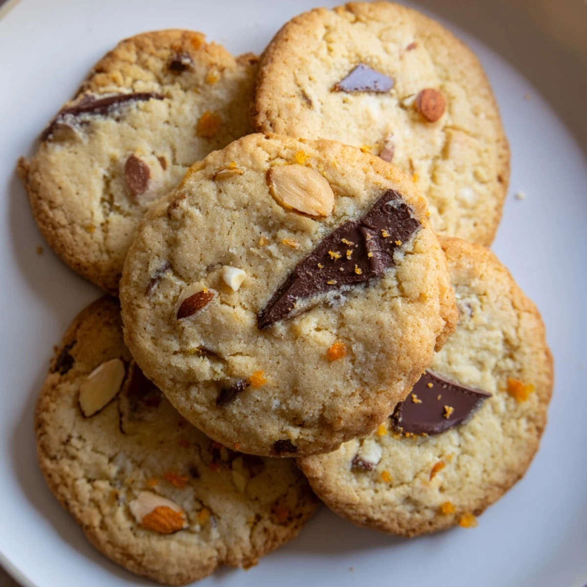 Freshly baked orange almond chocolate chunk cookies arranged on a wire cooling rack with orange zest