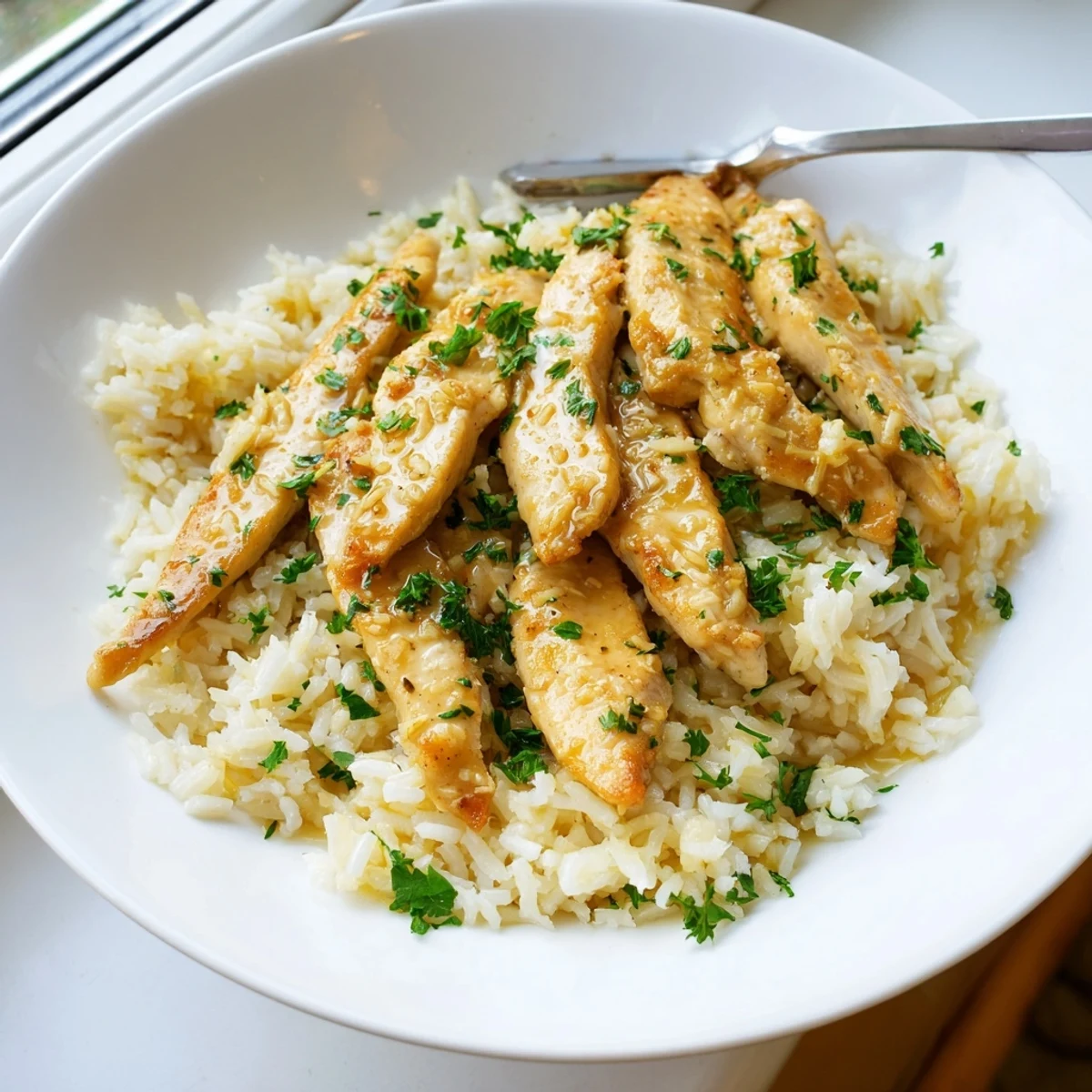 Golden chicken scampi with garlic parmesan rice drizzled in a buttery lemon sauce.