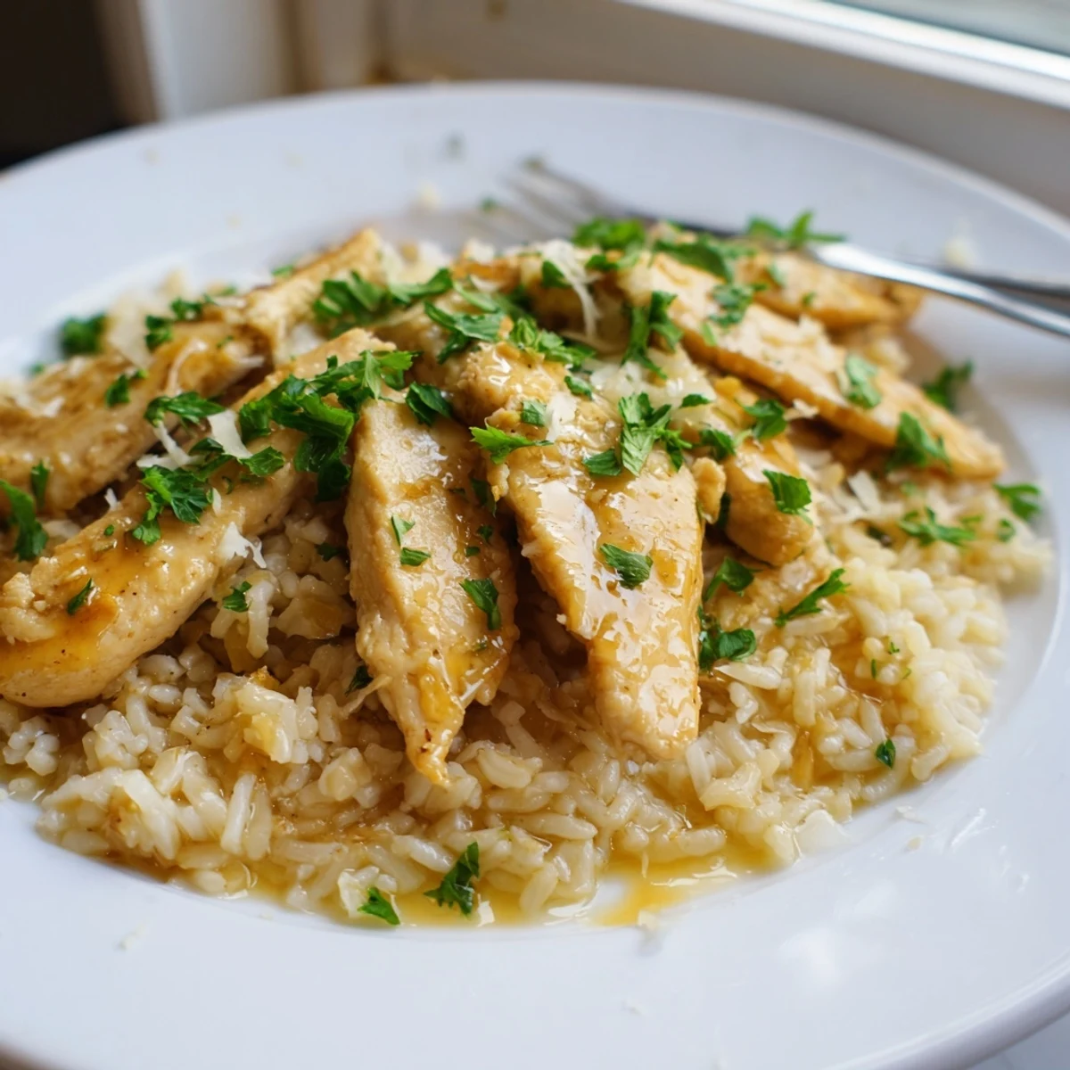 Tender seared chicken scampi served over creamy garlic parmesan rice with fresh parsley.