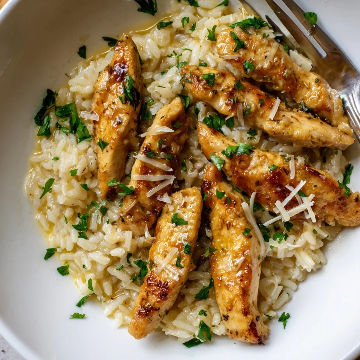 Juicy chicken scampi nestled on fluffy garlic parmesan rice in a zesty white wine sauce.