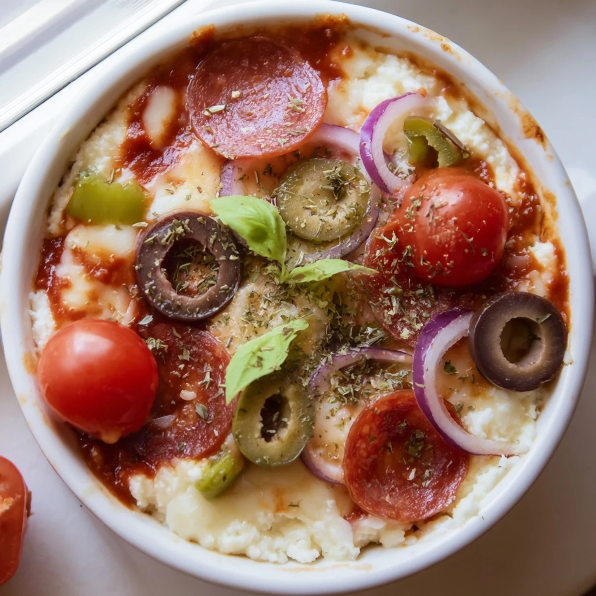 Cottage cheese pizza bowl topped with colorful peppers, olives, and golden cheese