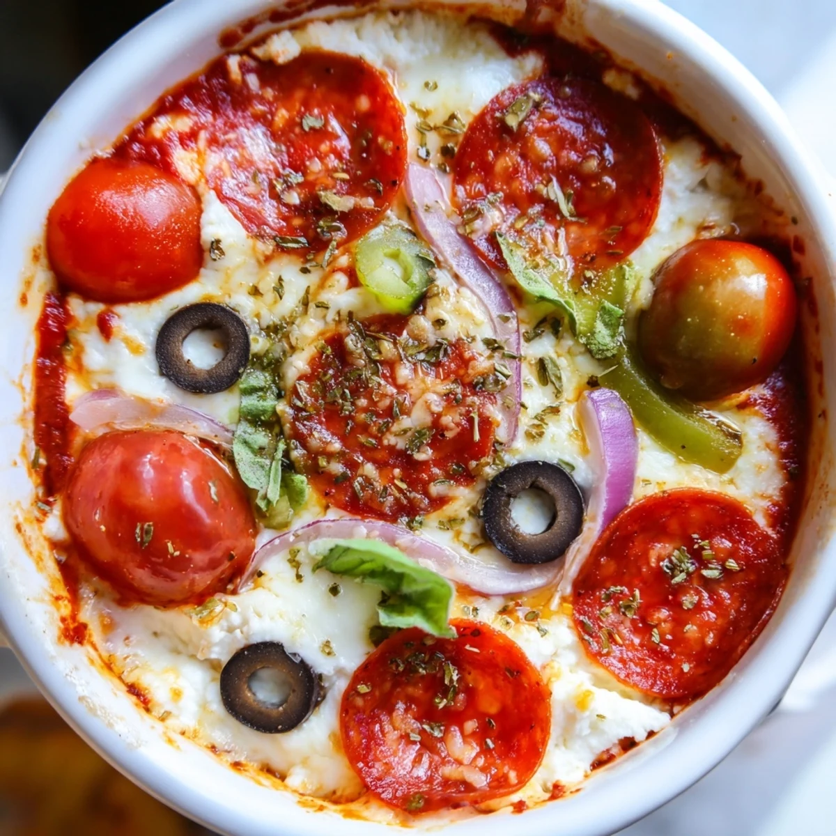 Bubbling cottage cheese pizza bowl with melted mozzarella and fresh basil garnish