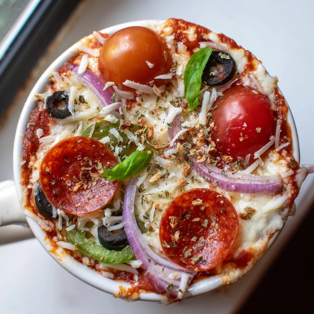 Creamy cottage cheese pizza bowl served steaming hot with vibrant cherry tomatoes
