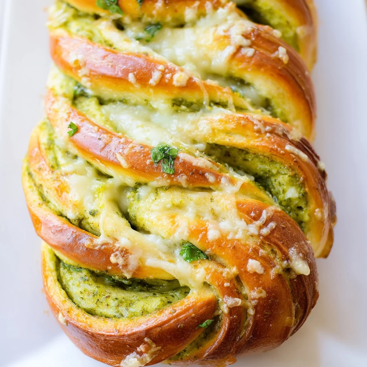 Golden braided pesto bread oozing with melted mozzarella and fresh basil aromas