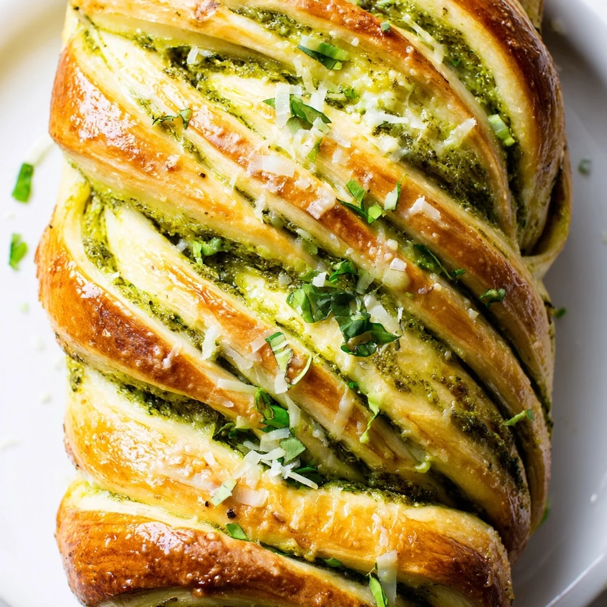 Warm cheesy braided pesto bread sliced open showing stretchy melted cheese inside