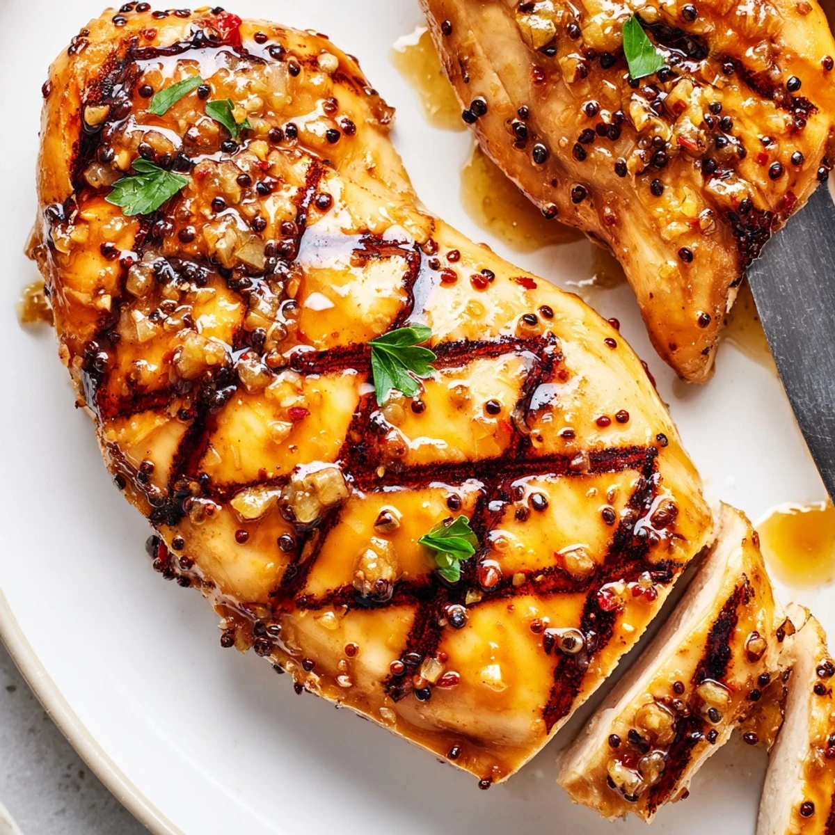 Golden grilled honey mustard chicken with charred marks on a rustic plate
