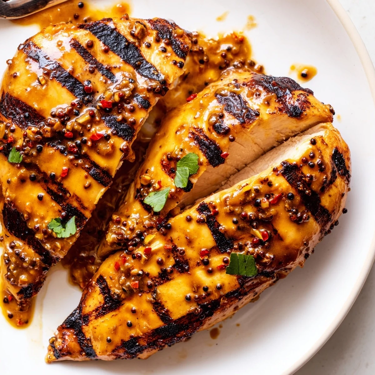 Juicy grilled honey mustard chicken breast glistening with tangy sweet glaze
