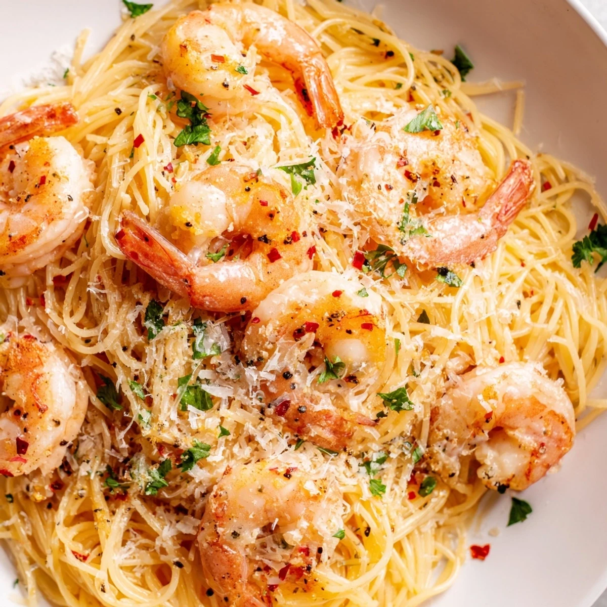 Garlic butter shrimp angel hair pasta tossed in a silky lemon white wine sauce with fresh parsley