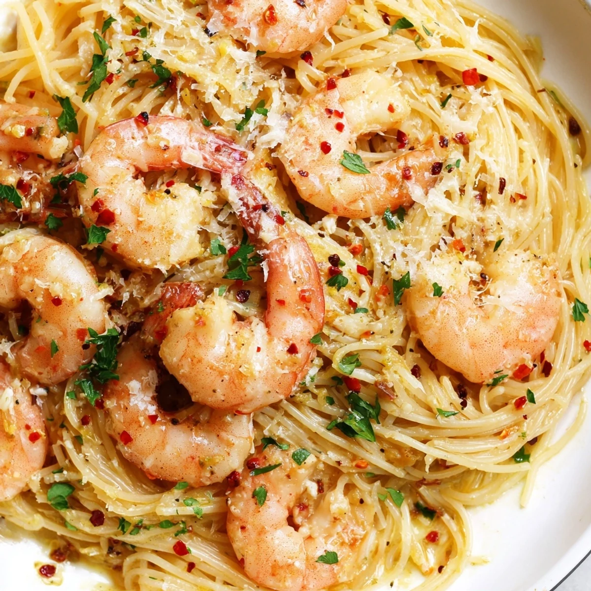 Golden pan-seared shrimp nestled atop delicate garlic butter shrimp angel hair pasta with grated Parmesan