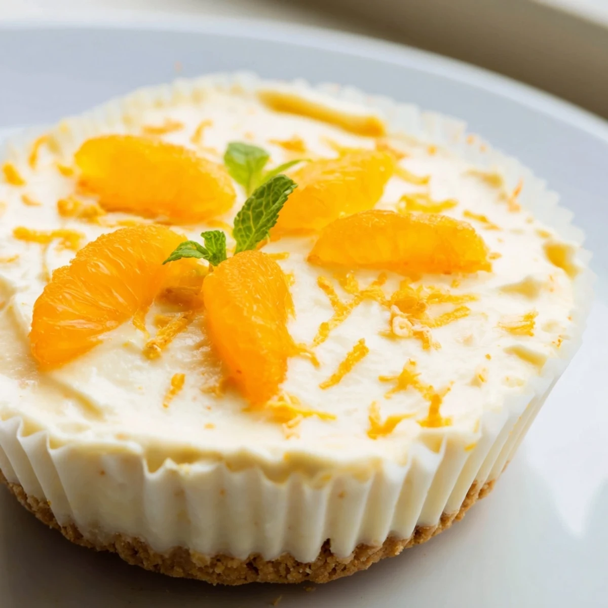 Creamy mini no bake orange cheesecakes topped with fresh orange segments and mint