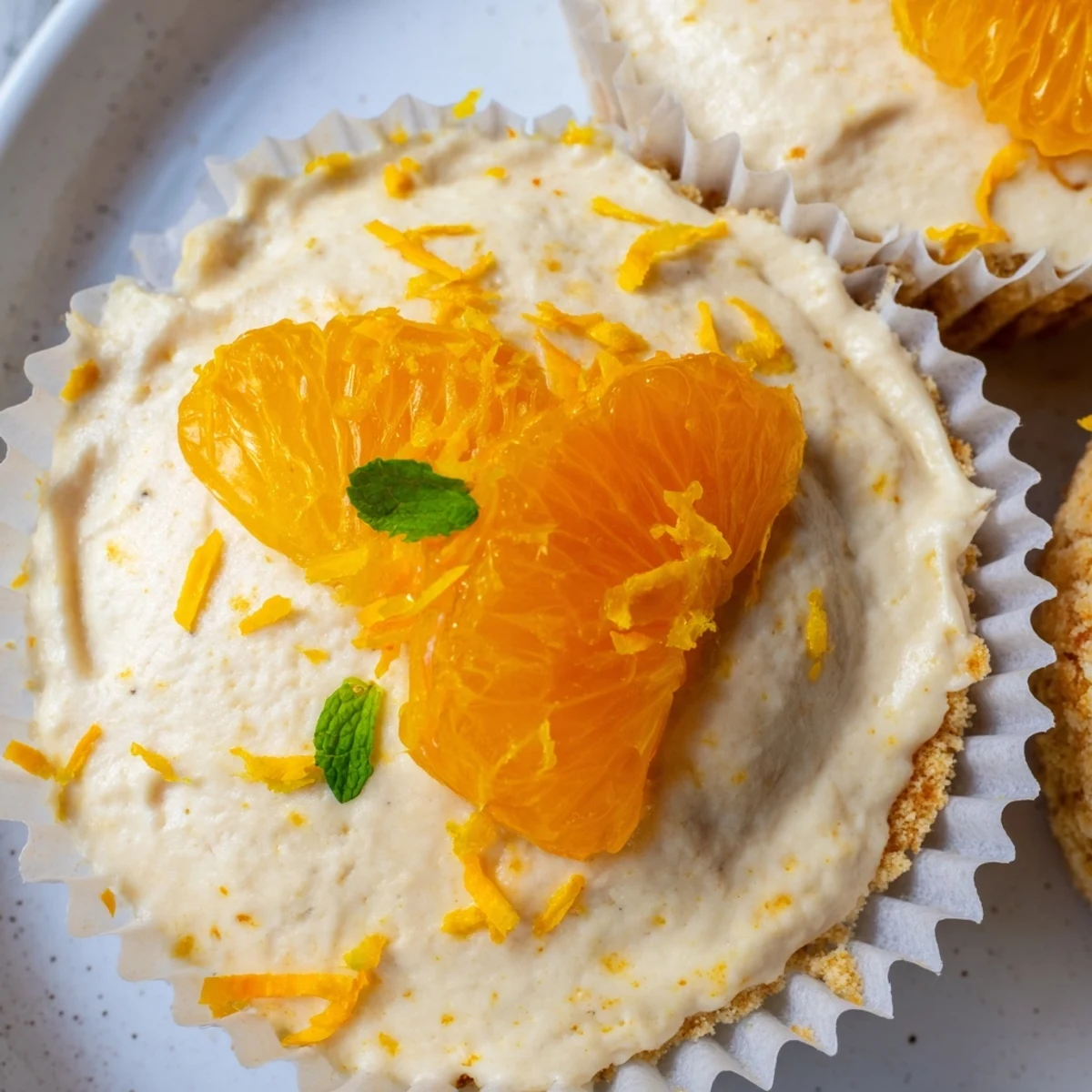Golden graham cracker crust cups filled with zesty mini no bake orange cheesecakes