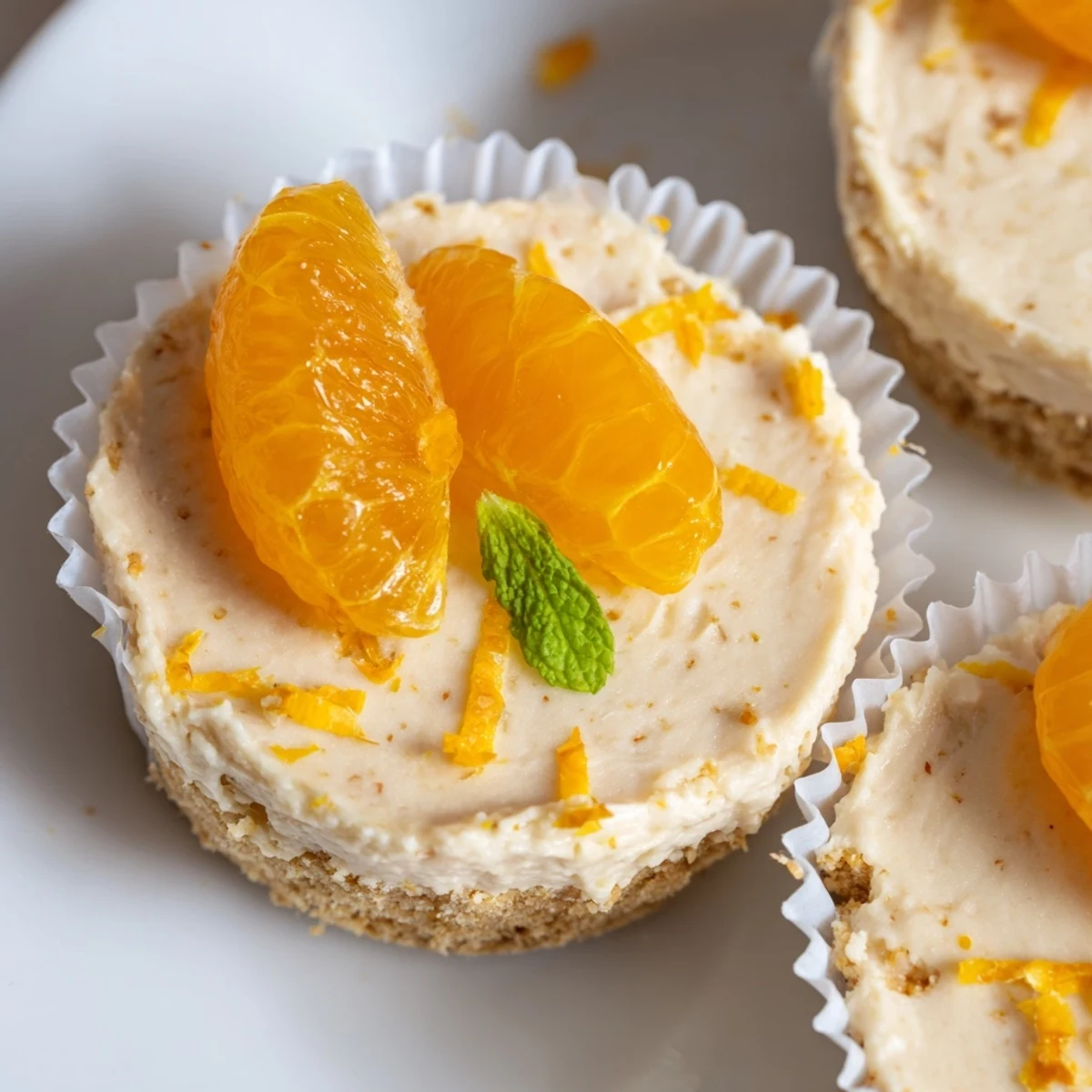 Chilled mini no bake orange cheesecakes with swirls of bright citrus cream